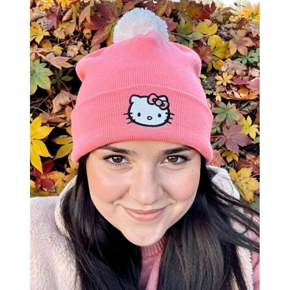 Hello Kitty Beanie‎ & Gloves Set Sanrio Pink Knit Pom Pom One Size NWT Girls